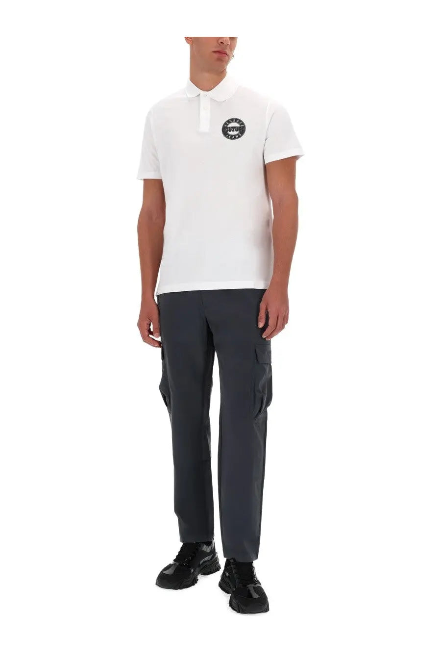 Versace Jeans Couture men’s white short-sleeved polo shirt with black circular logo on left chest