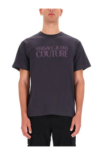 Versace jeans couture men’s regular fit grey t shirt with dark gray short sleeves and faded purple logo on chest