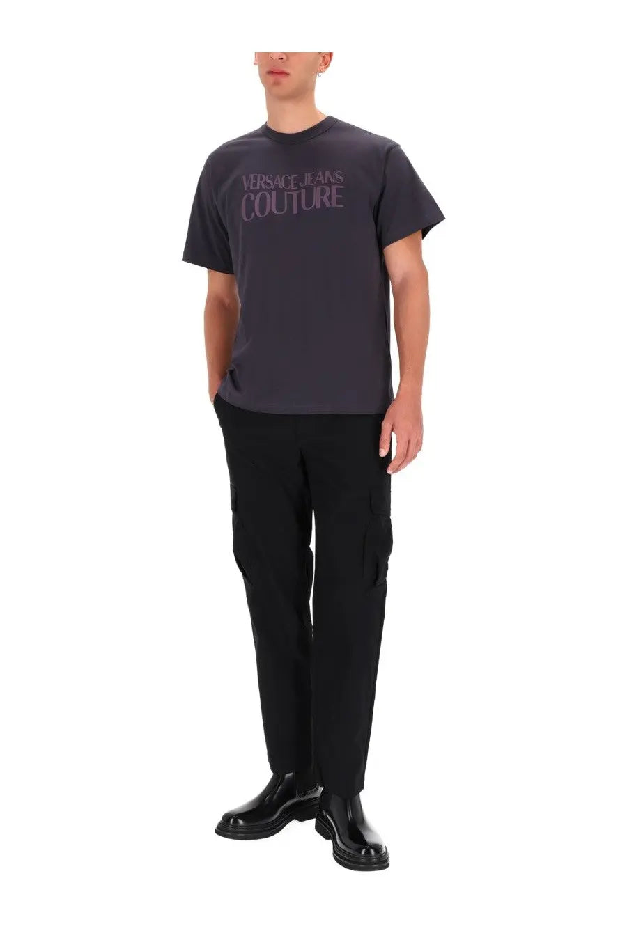 Versace Jeans Couture men’s regular fit dark gray short-sleeved shirt with subtle muted purple logo
