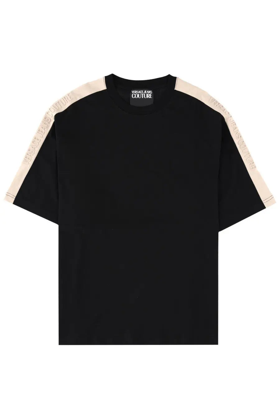 Versace Jeans Couture men’s black t-shirt with beige logo stitched sleeve panels in cotton fabric