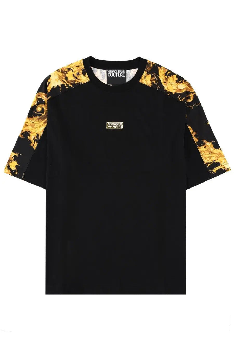 Versace Jeans Couture men’s black t-shirt with gold baroque pattern on shoulders and sleeves and small chest logo