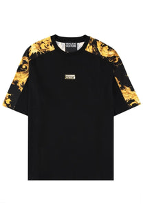 Versace Jeans Couture men’s black t-shirt with gold baroque pattern on shoulders and sleeves and small chest logo