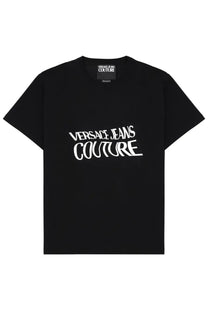 Versace jeans couture men’s black t shirt with bold white graffiti style lettering across the chest