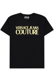 Versace jeans couture men’s black t-shirt with bold gold lettering across the chest made from soft cotton