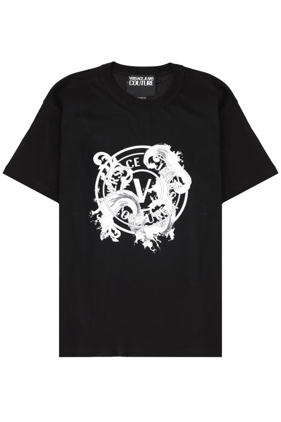 Black versace jeans couture men’s t-shirt with bold white graphic print and ornate swirling designs featuring v logo