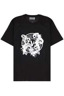 Black versace jeans couture men’s t-shirt with bold white graphic print and ornate swirling designs featuring v logo