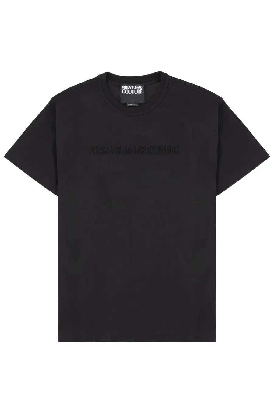 Versace Jeans Couture men’s black t-shirt with subtle embossed branding across the chest and label at the neckline