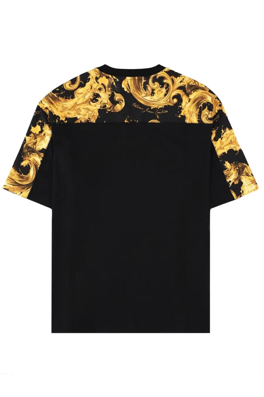 Versace Jeans Couture men’s black t-shirt with gold ornate baroque pattern on shoulders and sleeves
