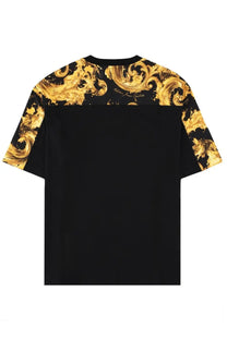 Versace Jeans Couture men’s black t-shirt with gold ornate baroque pattern on shoulders and sleeves