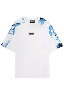 Versace jeans couture men’s white t-shirt featuring bold blue wave and signature print accents on sleeves