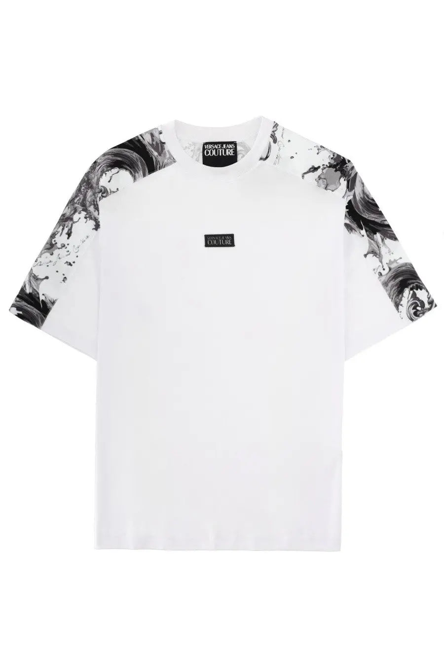 Versace Jeans Couture men’s white t-shirt with black and white abstract marble patterned sleeves