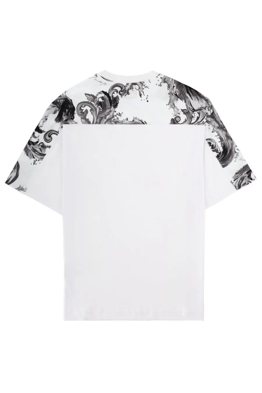 Versace Jeans Couture men’s white t-shirt with black and gray baroque print on shoulders and sleeves
