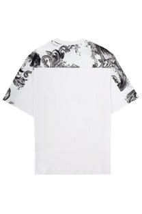 Versace Jeans Couture men’s white t-shirt with black and gray baroque print on shoulders and sleeves