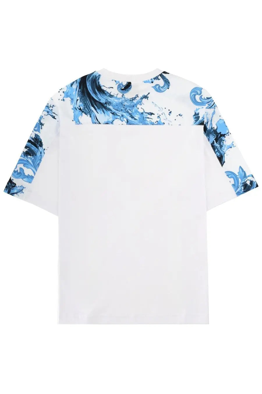 Versace Jeans Couture men’s white t-shirt with short sleeves and bold blue and black abstract wave pattern on shoulders and arms