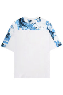 Versace Jeans Couture men’s white shirt with short sleeves featuring a bold blue and black abstract wave pattern