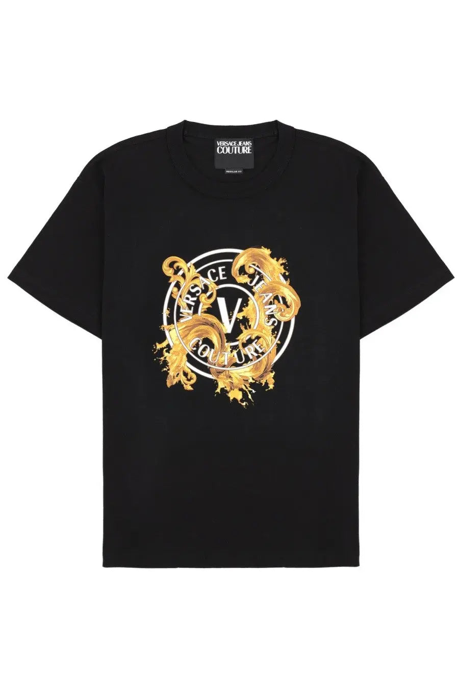 Versace jeans couture black t-shirt with bold gold and white ornate logo print for men