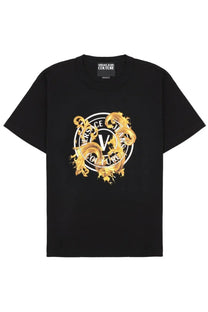 Versace jeans couture men’s black t-shirt featuring a bold gold and white ornate logo print on the front