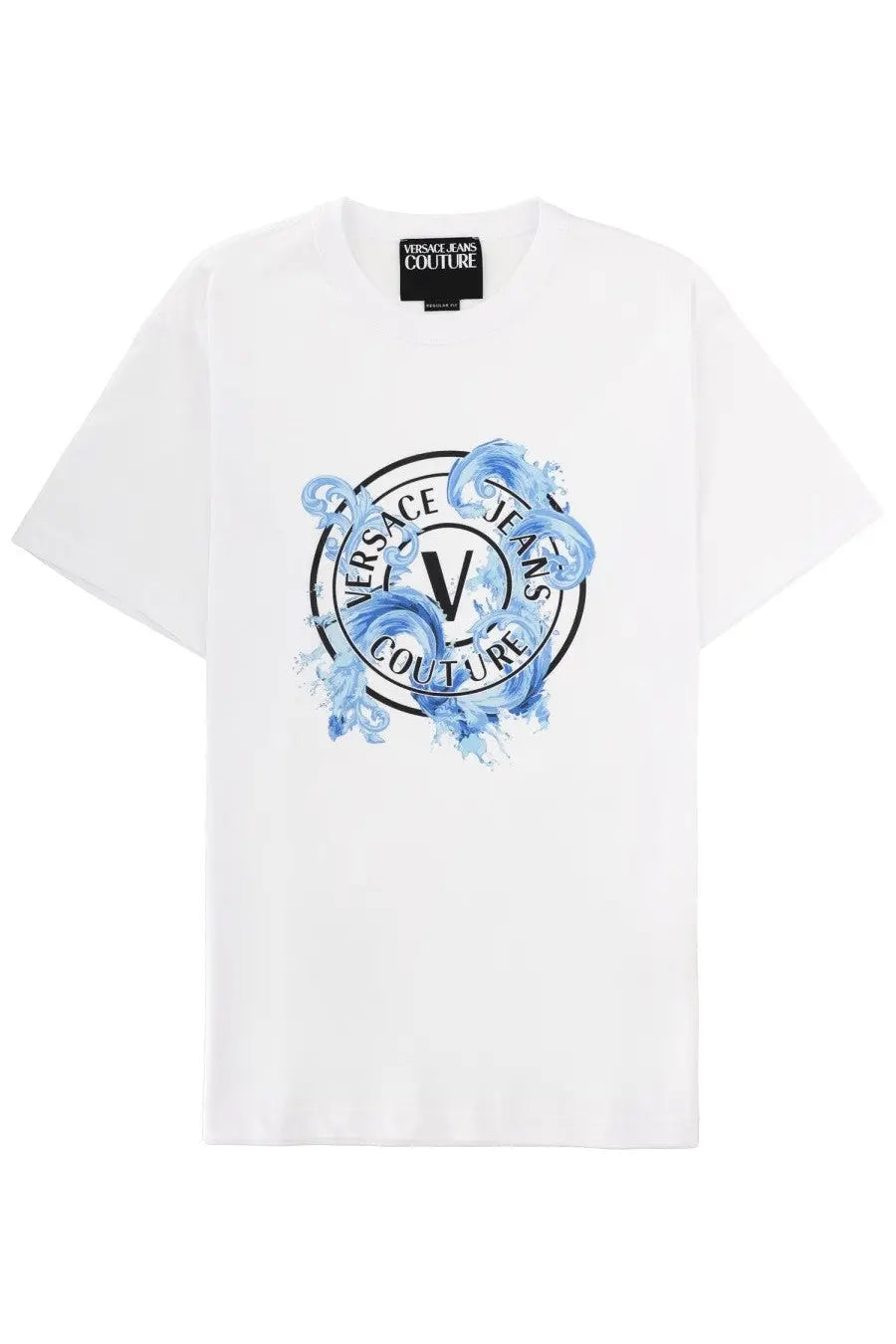 Versace Jeans Couture men’s white t-shirt featuring a bold circular logo with blue watercolor splashes and black lettering