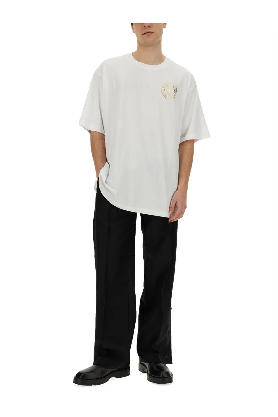 White oversized cotton t-shirt with a subtle embroidered logo on the left chest from Versace Jeans Couture men’s shirt white