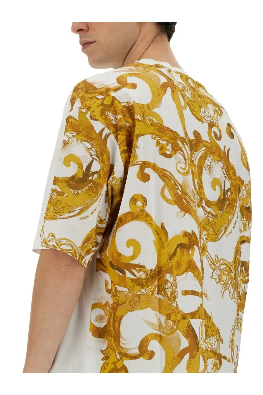 Versace Jeans Couture men’s white short-sleeved shirt with bold gold ornate baroque pattern in cotton fabric