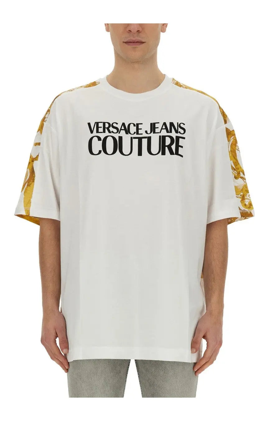 Versace Jeans Couture men’s white t-shirt with gold baroque pattern on sleeves and black bold chest lettering