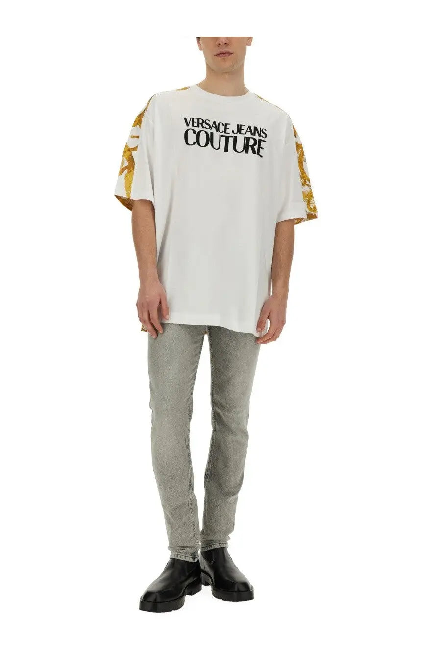 Versace Jeans Couture men’s white t-shirt with gold baroque patterned sleeves and black chest text