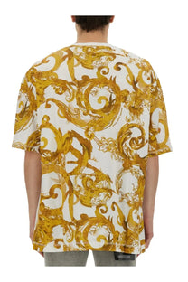 Versace Jeans Couture men’s white t-shirt with bold gold ornamental baroque pattern on front