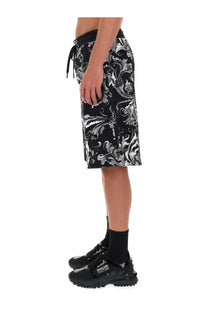 Versace Jeans Couture men’s black and silver baroque pattern porcelain shorts with drawstring waistband