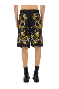 Versace jeans couture men’s black shorts with gold and white baroque pattern elastic waistband relaxed fit