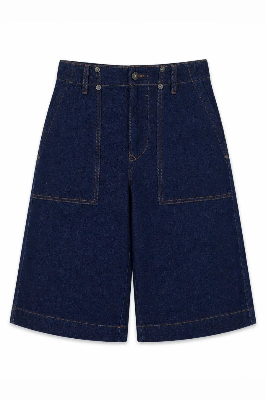 Versace Jeans Couture men’s dark indigo high waist denim shorts with two large front pockets and visible stitching details