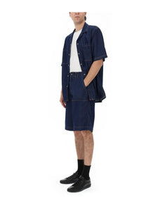 Dark blue denim short-sleeved shirt with buttoned front and patch pockets versace jeans couture men’s shorts in denim