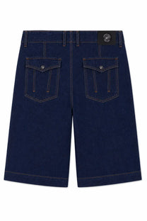 Back view of versace jeans couture men’s dark blue denim shorts with silver buttons and contrasting stitching on pockets