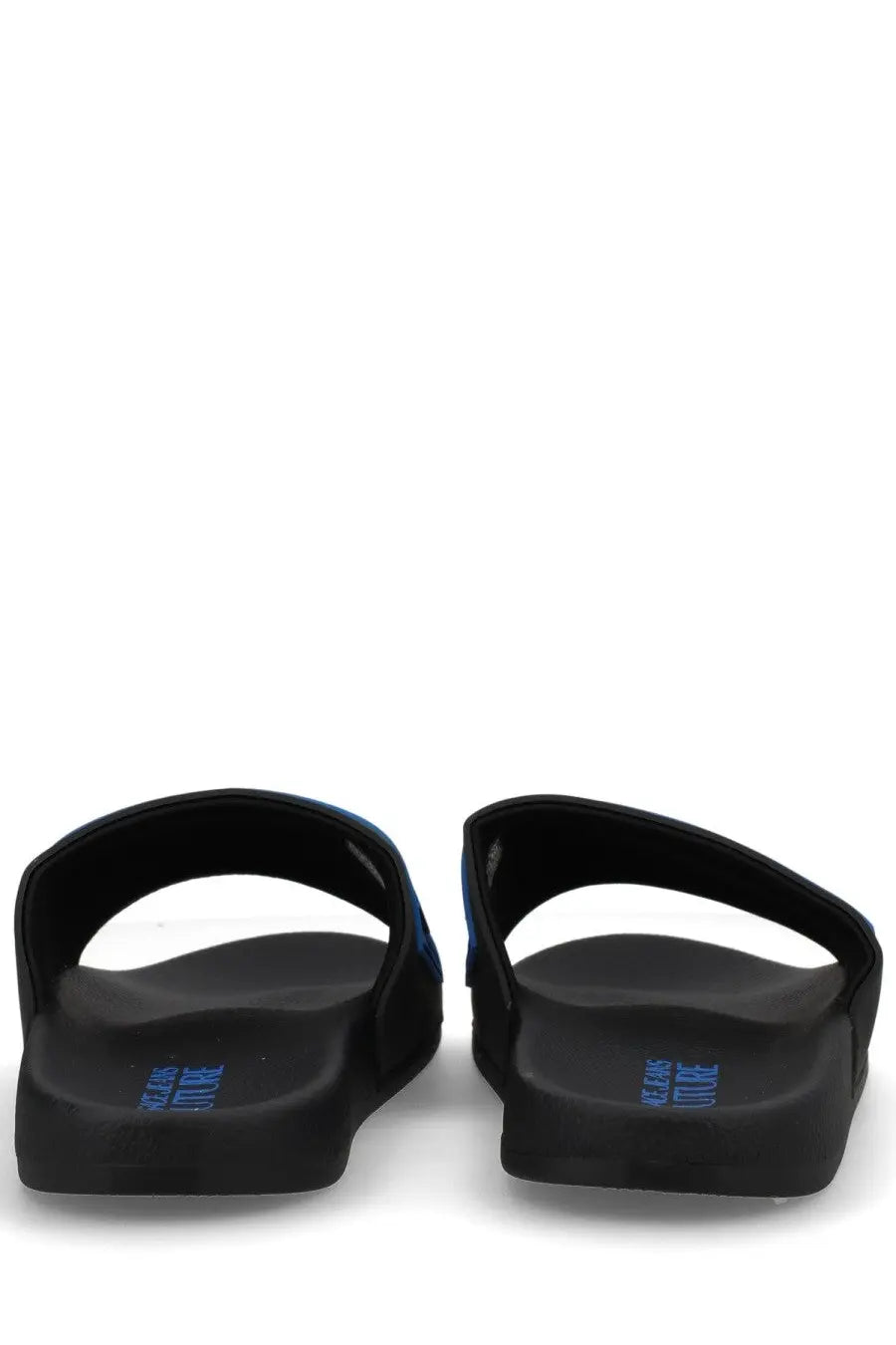 Versace jeans couture men’s black rubber slide sandals showing the back with blue branding on the heel