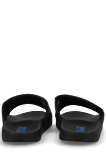 Versace jeans couture men’s black rubber slide sandals showing the back with blue branding on the heel