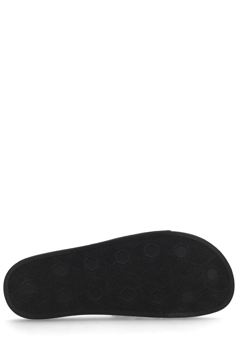 Black rubber sole with hexagonal tread pattern on versace jeans couture men’s black slides