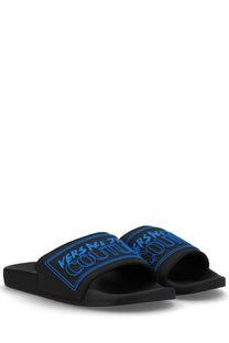Versace jeans couture men’s black slide sandals with bold blue embroidered logo detailing on the upper strap