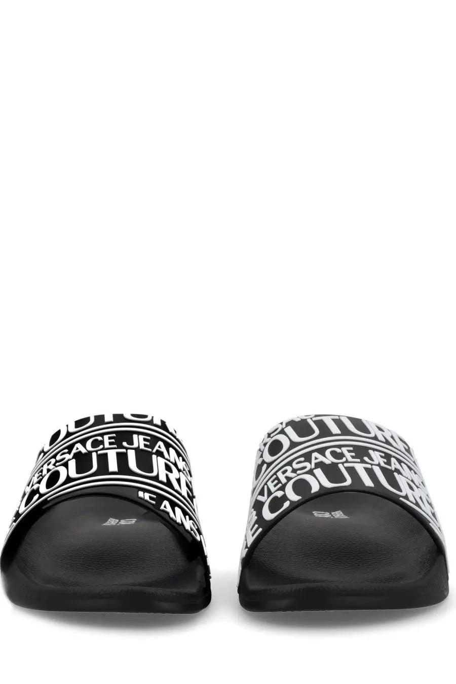 Versace Jeans Couture men’s black slide sandals with bold white logo bands for casual wear