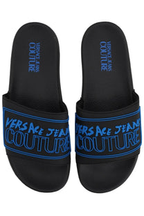 Versace jeans couture men’s black slide sandals with bold blue logo detailing and comfortable design