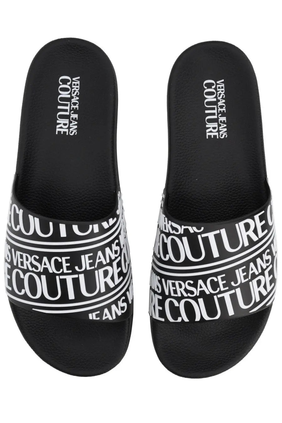 Versace jeans couture men’s slides in black with bold white repeating logo bands and a comfortable slip-on design