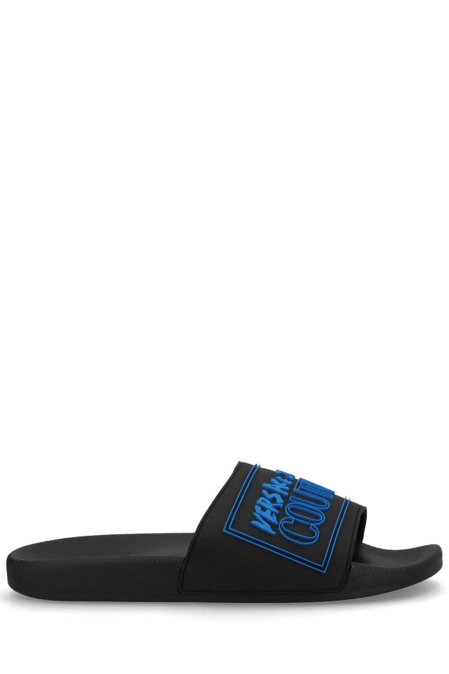 Versace Jeans Couture men’s black slide sandal with bold blue embroidered logo on the strap for casual wear