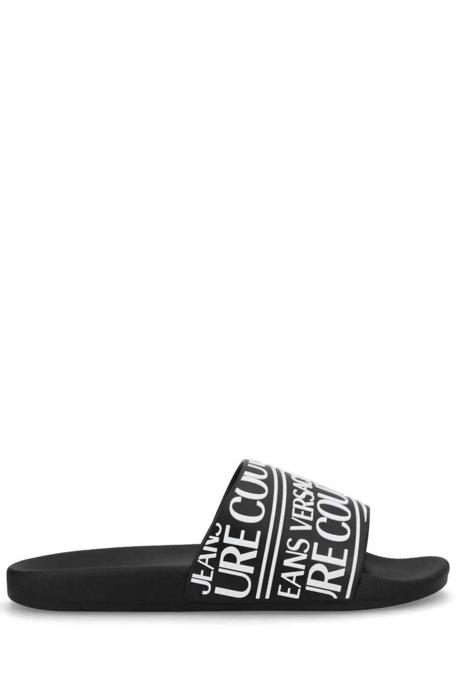 Versace Jeans Couture men’s black slide sandal with bold white branding across the strap in leather material
