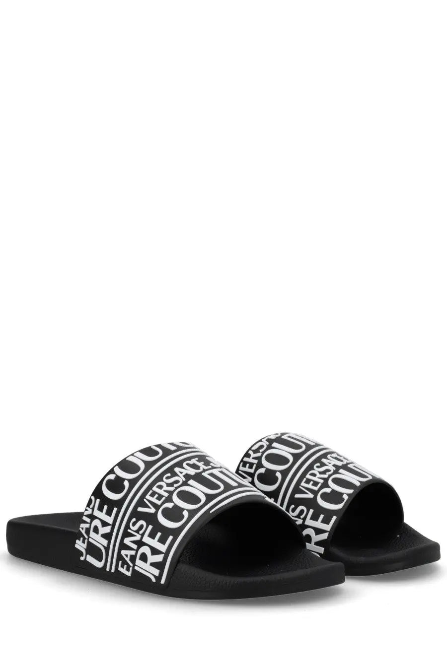 Versace jeans couture men’s black slide sandals with bold white logo fabric band for casual wear