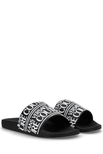 Versace jeans couture men’s black slide sandals with bold white logo fabric band for casual wear