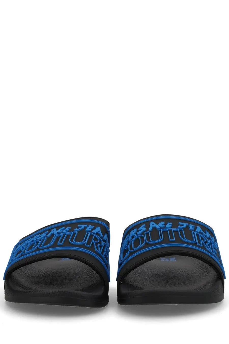 Versace jeans couture men’s black slide sandals with bold blue embossed logo straps for casual wear