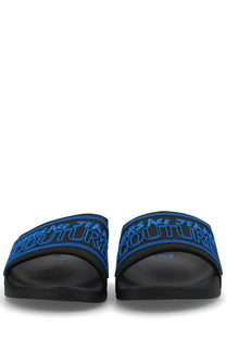 Versace jeans couture men’s black slide sandals with bold blue embossed logo straps for casual wear