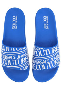 Versace jeans couture men’s blue slide sandals with bright blue straps and bold white logo bands