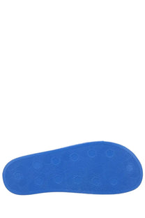 Versace jeans couture men’s slides blue with bright blue rubber sole featuring textured hexagonal pattern