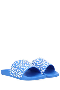 Versace jeans couture men’s slides in bright blue with bold white logo branding on the strap