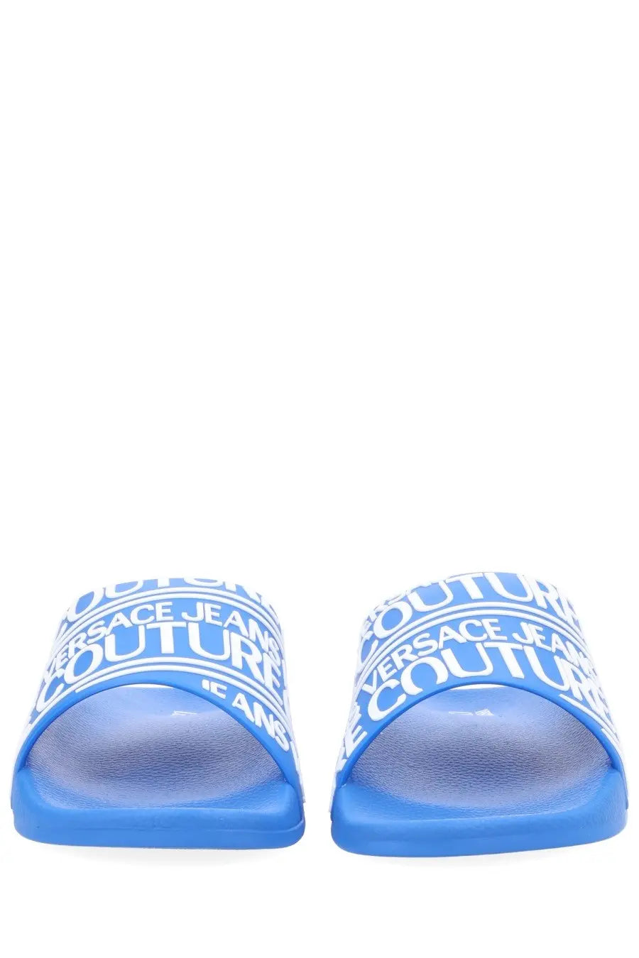 Versace jeans couture men’s blue slide sandals with white repeating logo text across the strap