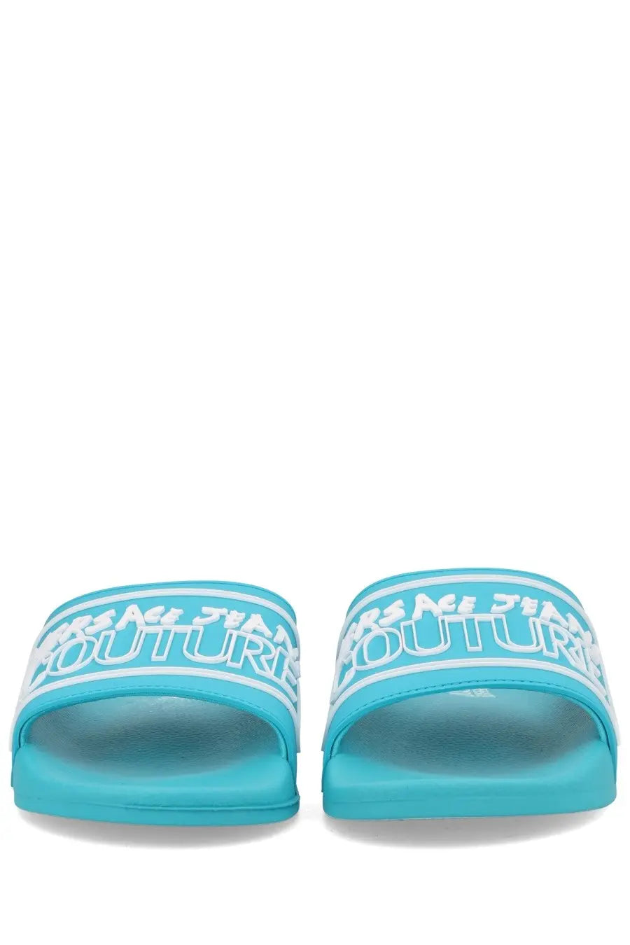 Versace Jeans Couture men’s slides in turquoise with white logo branding and cushioned footbed for casual wear